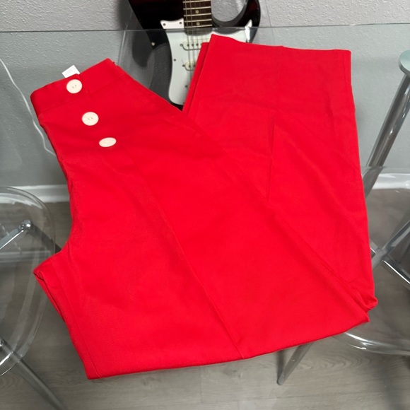 Zara Red Wide Leg Pants with White Buttons - Picture 3 of 5